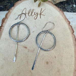 Rustic Sterling Silver Circle Dangle Earrings • Long Drop Style image 9