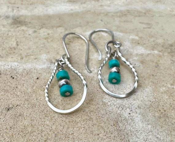 Turquoise and Navajo pearl dangle teardrop style, sterling silver twisted wire earrings / turquoise earrings