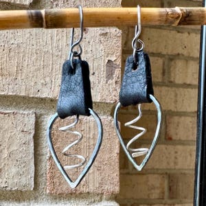 Genuine Leather Earrings in Hammered Teardrop Style with Sterling Spiral