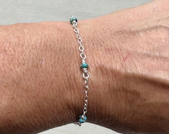 Turquoise Gemstone Bracelet with Sterling Silver Cable Chain