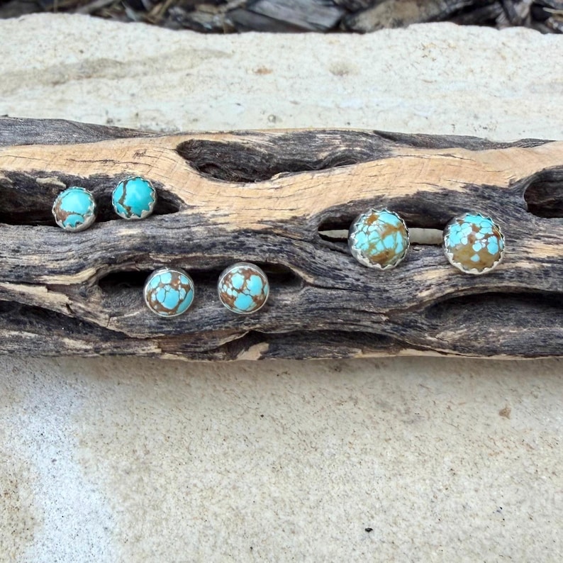 May include: Six pairs of turquoise and brown stud earrings with silver-colored settings are displayed on a piece of driftwood. The earrings have a round shape and a textured appearance, with a mix of blue and brown colors.