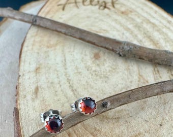4mm Garnet Stud Earrings • Sterling Silver Posts • Smooth or Serrated Bezel