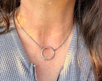 Sterling Silver Circle Necklace • Oxidized Silver Pendant • Everyday Minimalist