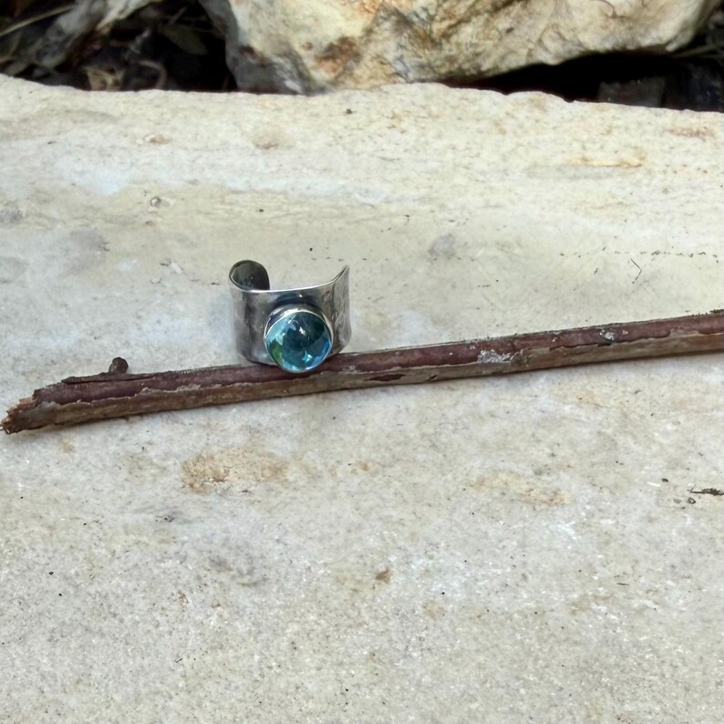 Swiss Blue Topaz Ear Cuff • Hammered Sterling Silver • No Piercing • 4mm or 7mm 6mm Topaz, 7mm Band