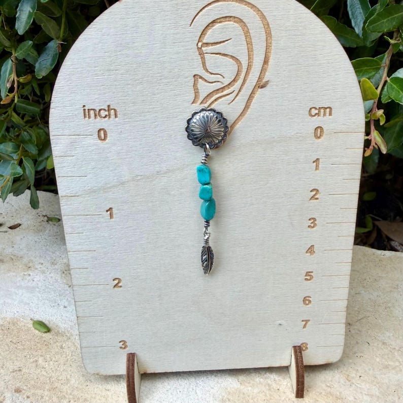 Scalloped Concho Turquoise Nugget Earrings • Sterling Silver • Feather Dangle image 3