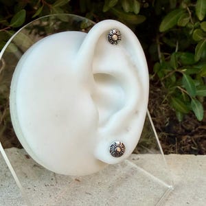 May include: Two silver-toned stud earrings featuring a circular sun design with radiating rays and a central dot. The earrings are displayed on a white ear-shaped model stand, showcasing a sunburst pattern on each piece of jewelry.