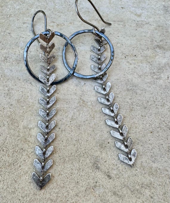Chevron chain earrings with sterling silver circle accent
