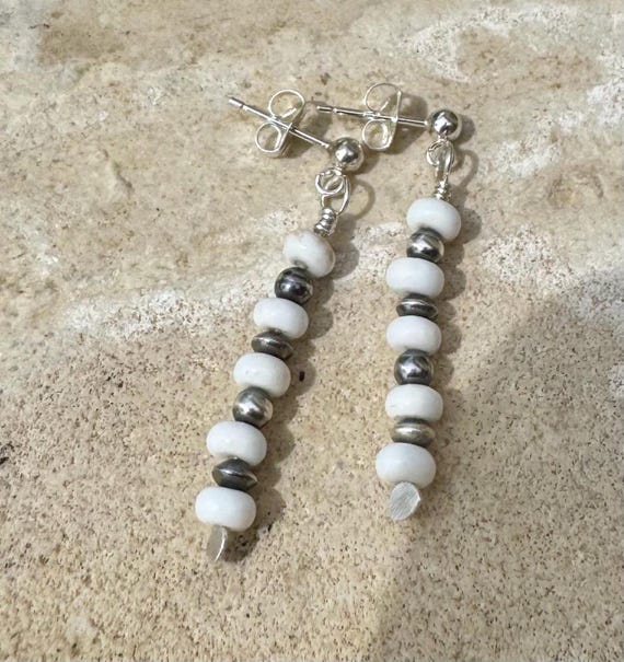 Navajo pearls with white turquoise dangle drop post earrings / tiny sterling silver drop earrings