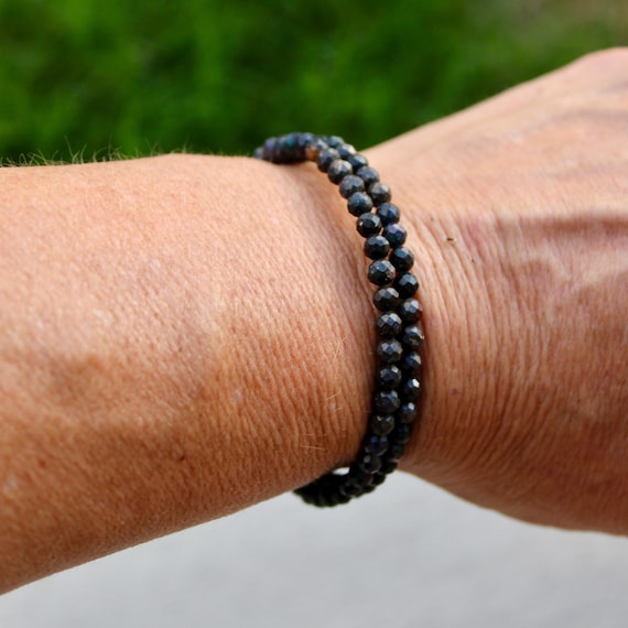 Australian Black Opal Double Wrap Carbon Steel Memory Wire Bracelet, Gemstone Jewelry, Stretch Bracelet