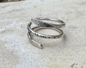 Sterling Silver Double Coil Ring • Hand‑Forged Bypass Band • Textured & Modern