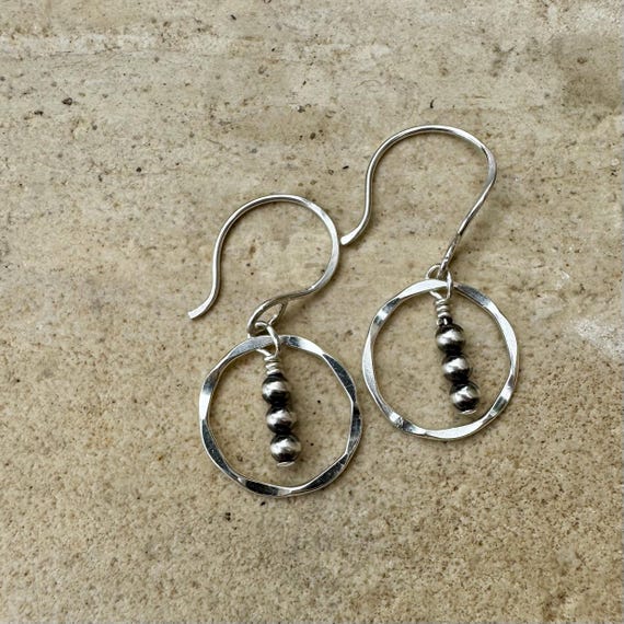 Navajo Pearl Drop Earrings, Sterling Silver Dangle, Circle Earrings, Silver Jewelry, Handmade Earrings, Dainty Earrings