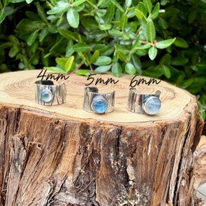 K&ouml;nnte beinhalten: Drei silberne Ringe mit unterschiedlich gro&szlig;en, runden, blau get&ouml;nten Edelsteinen werden auf einer Holzoberfl&auml;che pr&auml;sentiert. Die Ringe sind mit den Gr&ouml;&szlig;en 4 mm, 5 mm und 6 mm beschriftet. Der Hintergrund zeigt gr&uuml;nes Laub.