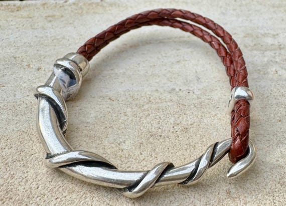 Braided Leather Wrap Bracelet, Silver Half Cuff, Genuine Leather Cuff, Wrap Bracelet, Leather Jewelry, Gift Idea