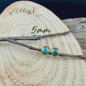 K&ouml;nnte beinhalten: Ein Paar t&uuml;rkisfarbene Ohrstecker mit goldfarbenen Fassungen, pr&auml;sentiert auf einer Holzoberfl&auml;che mit einem Ast. Die Ohrringe sind 5 mm gro&szlig;. Der Name "Allyk" ist in Kursivschrift auf dem Holz geschrieben.