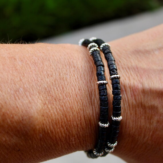 Black Lava Double Wrap Carbon Steel Memory Wire Bracelet, Gemstone Charm Bracelet, Stretch Bracelet