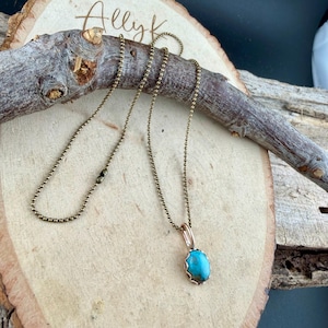 Kingman Turquoise Pendant Necklace • Antique Brass • 8×10 Turquoise Cabochon Ball Chain