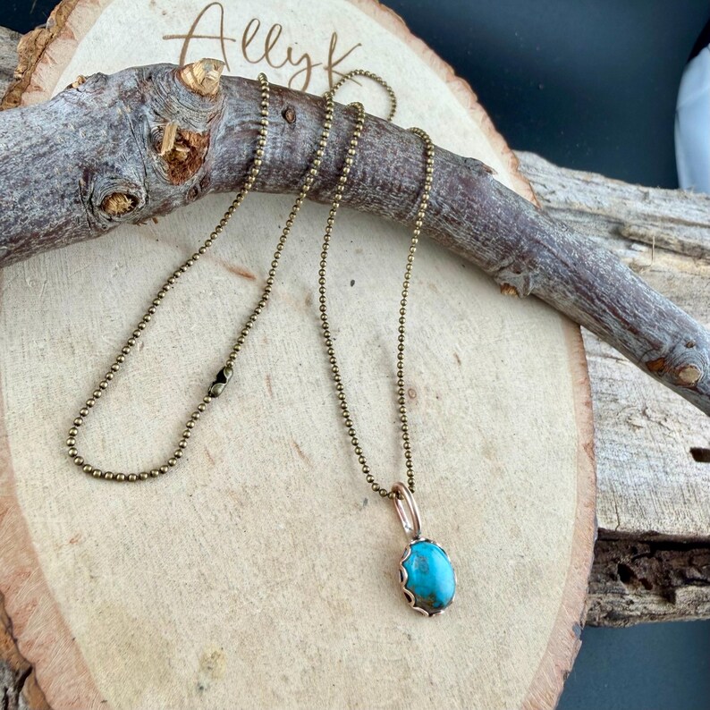 Kingman Turquoise Pendant Necklace • Antique Brass • 8×10 Turquoise Cabochon Ball Chain