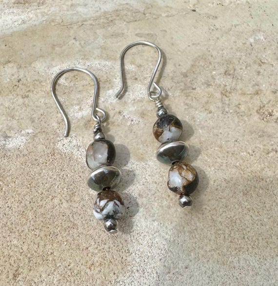 White Buffalo Gemstone Earrings with Navajo Pearls, Sterling Silver Dangle Earrings, Artisan Earrings, Gemstone Jewelry, Elegant Gift