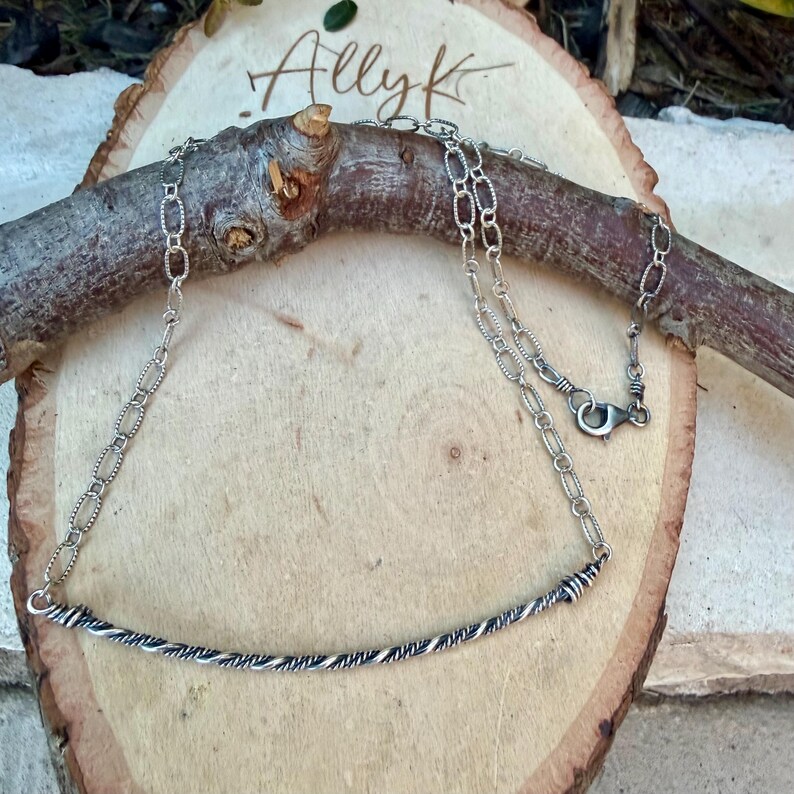 Sterling Silver Bar Necklace • Hand‑Forged Twisted Bar • Rustic Chain image 8