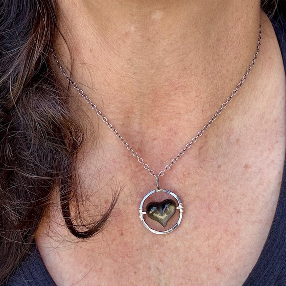 Sterling Silver Floating Obsidian Heart Necklace - Obsidian Gemstone Heart Pendant