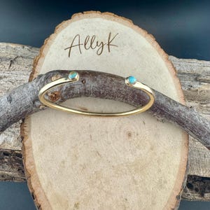 Dainty Brass Turquoise Cuff Bracelet - 4mm Kingman Double Bezel Reverse Design image 7