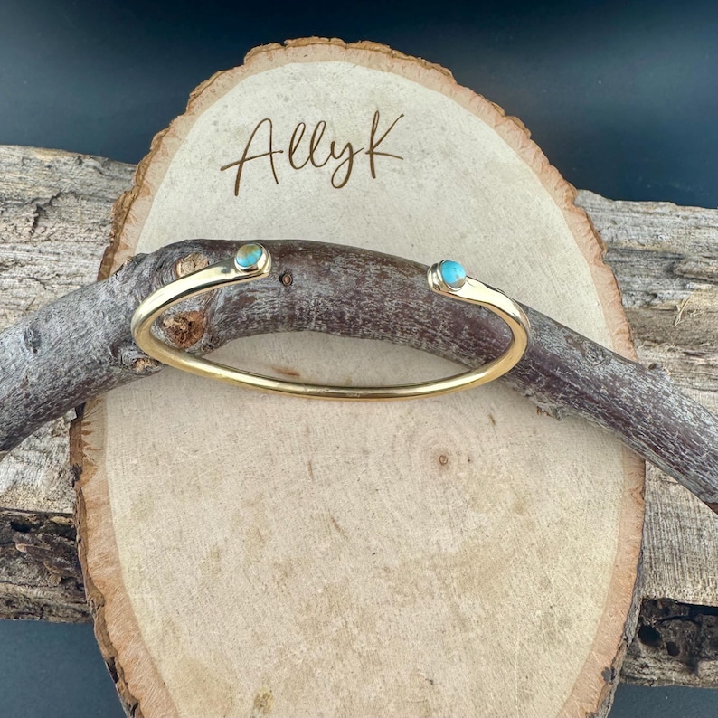 Dainty Brass Turquoise Cuff Bracelet - 4mm Kingman Double Bezel Reverse Design image 7