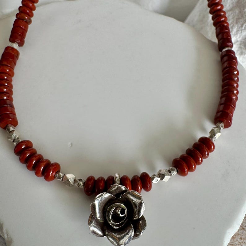 Red Jasper Necklace: Sterling Silver Rose Pendant, Gemstone Jewelry image 3