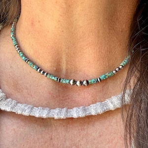 Turquoise & Navajo Pearl Necklace, Sterling Silver Gemstone Southwestern Style Necklace