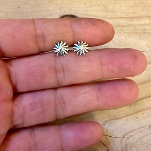 May include: A pair of small, silver-toned stud earrings, each featuring a sunburst design with multiple radiating rays extending from a central point. The earrings have a polished metallic finish and a circular, symmetrical shape.