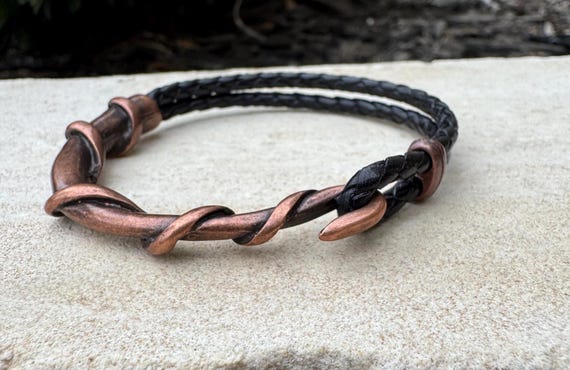 Braided leather bracelet with antique copper color wire wrap style cuff, brown or black leather option