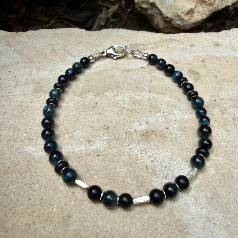 Blue Tiger’s Eye Onyx Bracelet • Hawk’s Eye • Sterling Silver Jewelry image 9
