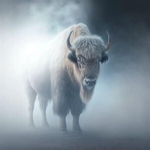 May include: A majestic white bison stands in a misty, atmospheric setting. The animal has a thick, shaggy coat and curved horns. The image is predominantly white and gray, with a soft, diffused light creating a serene mood.