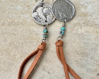 Indian Head Buffalo Nickel Earrings • Turquoise + Deerskin Leather