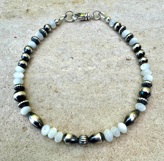 Navajo Pearl Bracelet with Mother of Pearl, Sterling Silver Bracelet, Gemstone Beaded Bracelet, Unique Gift for Her