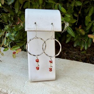May include: A pair of silver-toned dangle earrings featuring a large, hammered circular hoop. Suspended from the bottom of each hoop is a vertical drop consisting of two small, round, reddish-brown beads separated by a tiny silver-toned spacer bead.