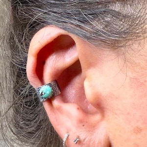 6mm Royston Turquoise Sterling Silver Ear Cuff | Floral Wide Band, No‑Piercing Earring image 8