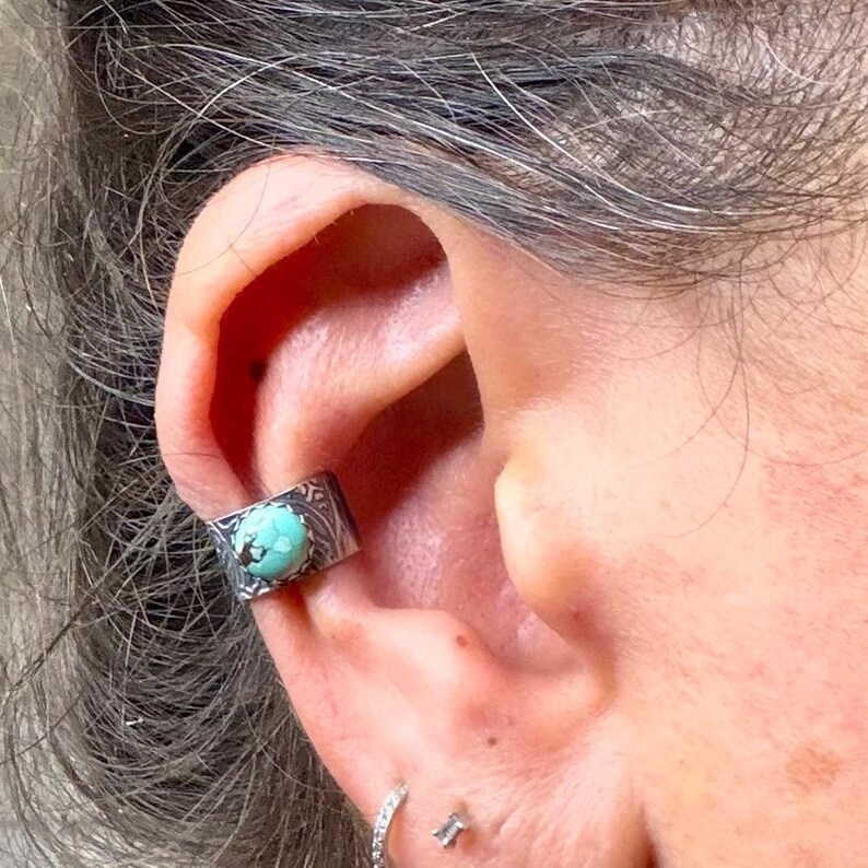 6mm Royston Turquoise Sterling Silver Ear Cuff | Floral Wide Band, No‑Piercing Earring image 8