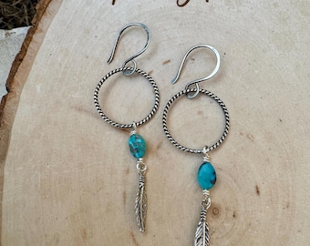 Royston Turquoise Feather Earrings • Sterling Silver Dangles