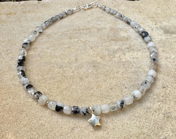 Rainbow Moonstone Black Tourmaline Anklet, Sterling Silver Ankle Bracelet, Star Charm Anklet, Gemstone Beaded Jewelry, Gift for Her