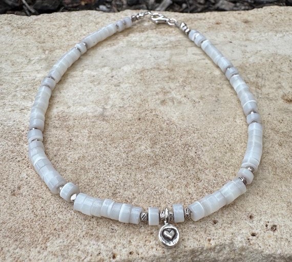 Mother of Pearl Sterling Silver Ankle Bracelet, Heart Charm Ankle Bracelet, Heart Charm Anklet, Gift for Her