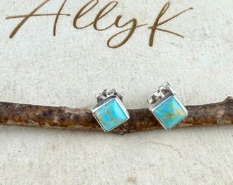 5mm Turquoise Stud Earrings Sterling Silver • Kingman Turquoise Blue Green Cabochon Posts
