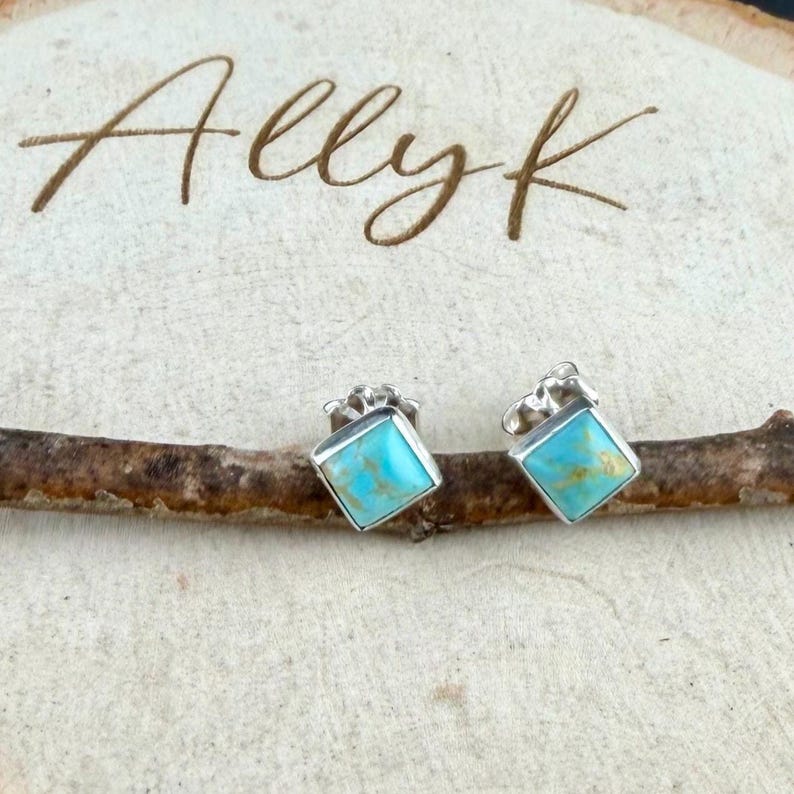 5mm Turquoise Stud Earrings Sterling Silver • Kingman Turquoise Blue Green Cabochon Posts image 1