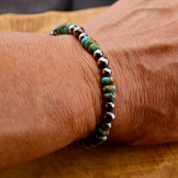 Stretch Kingman Turquoise Navajo Pearl Sterling Silver Stretch Bracelet, Natural Gemstone Jewelry, Turquoise Jewelry