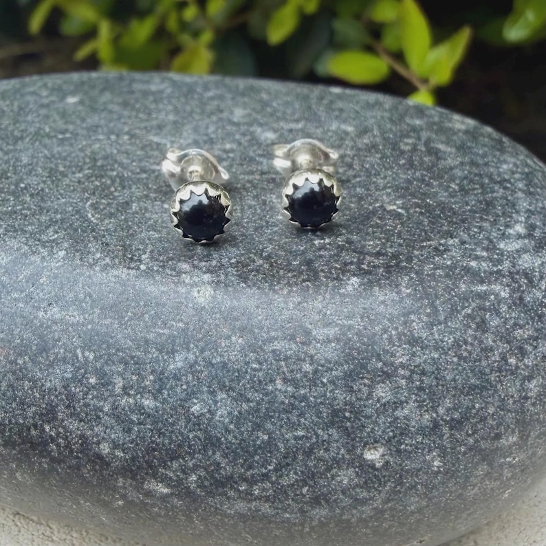 May include: A pair of small stud earrings with a black, round center stone and a silver-colored, scalloped edge. The earrings are displayed on a gray, textured stone surface, with green foliage in the background.