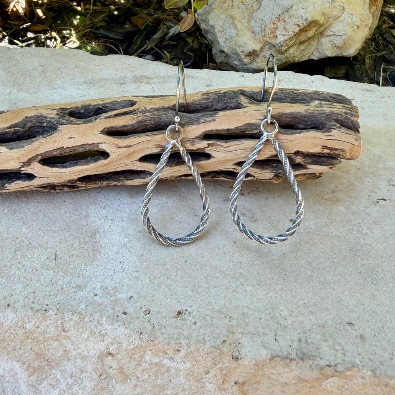 Sterling Silver Teardrop Drop Earrings – Rustic Twisted Wire Pattern image 7