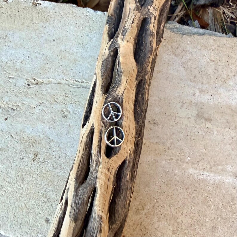 Puede incluir: Dos pendientes de bot&oacute;n plateados con el s&iacute;mbolo de la paz. Los pendientes redondos presentan el s&iacute;mbolo de la paz en el centro. Se muestran sobre un trozo de madera envejecida con un fondo de piedra clara.
