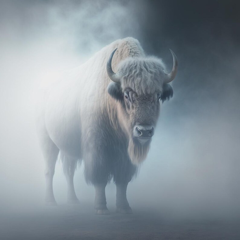 May include: A majestic white bison stands in a misty environment. The animal has a thick, shaggy coat and curved horns. The image is a close-up, highlighting the bison's features against a soft, diffused background.