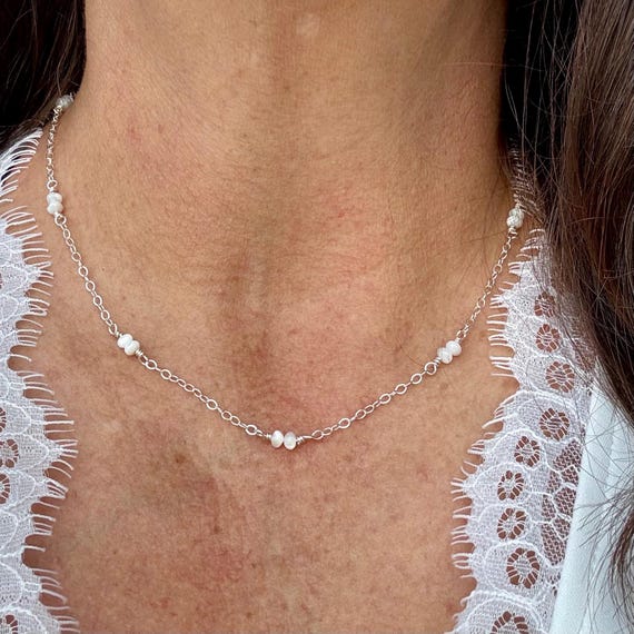 Sterling Silver Chain Mother of Pearl Spacer Necklace, Pearl Jewelry, Unique Gemstone Necklace