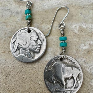 Indian Head Buffalo Nickel Earrings, Turquoise Gemstone Earrings, Vintage Style Earrings, Southwestern Gift Idea