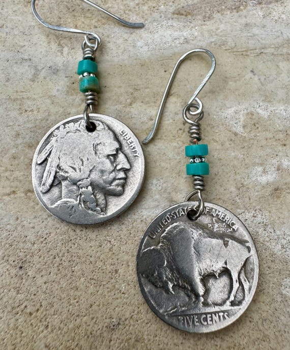 Indian head buffalo nickel earrings with turquoise gemstone / turquoise earrings
